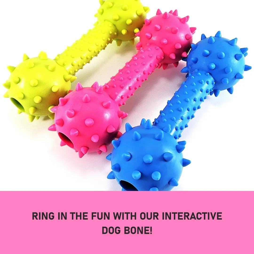Dog Chew Toy Dumbbell, Durable Rubber, Lime Green, Blue, Pink, Playful, with Bell (Pink)