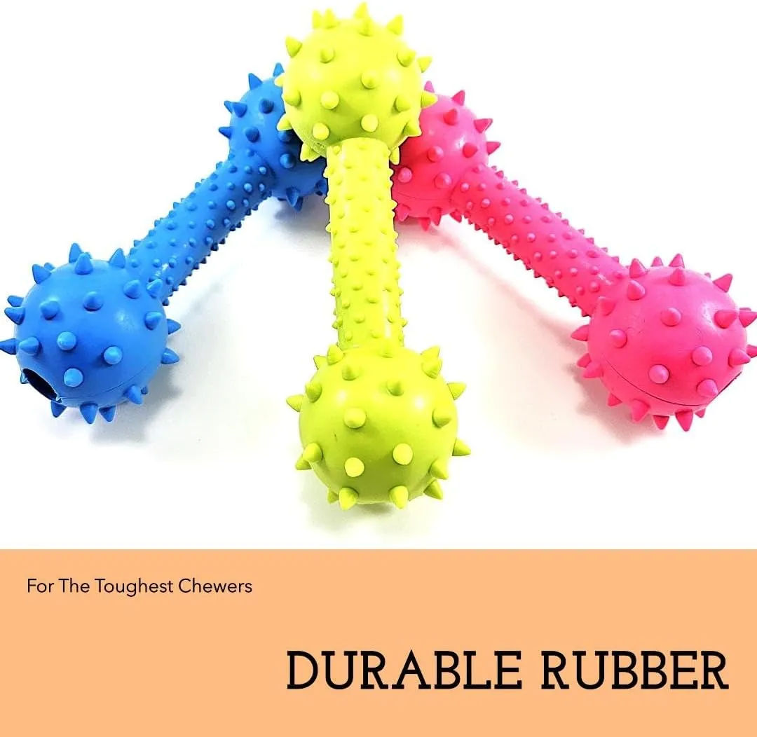Dog Chew Toy Dumbbell, Durable Rubber, Lime Green, Blue, Pink, Playful, with Bell (Pink)