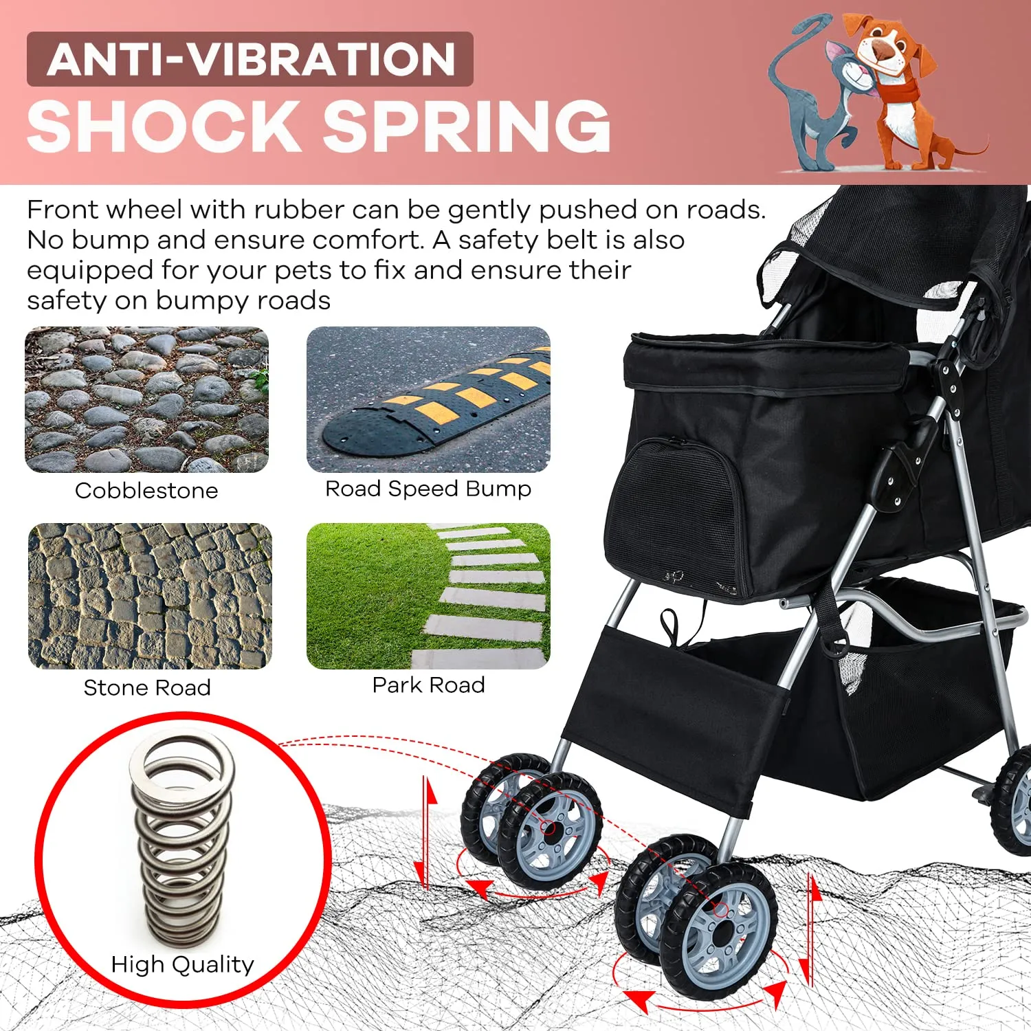 Dog Stroller, pet Stroller 4 Wheels Carrier Strolling Cart Waterproof Travel Folding Cart for Puppy Small-Medium Dog, Cat with Cup Holder, Locking Wheel Black