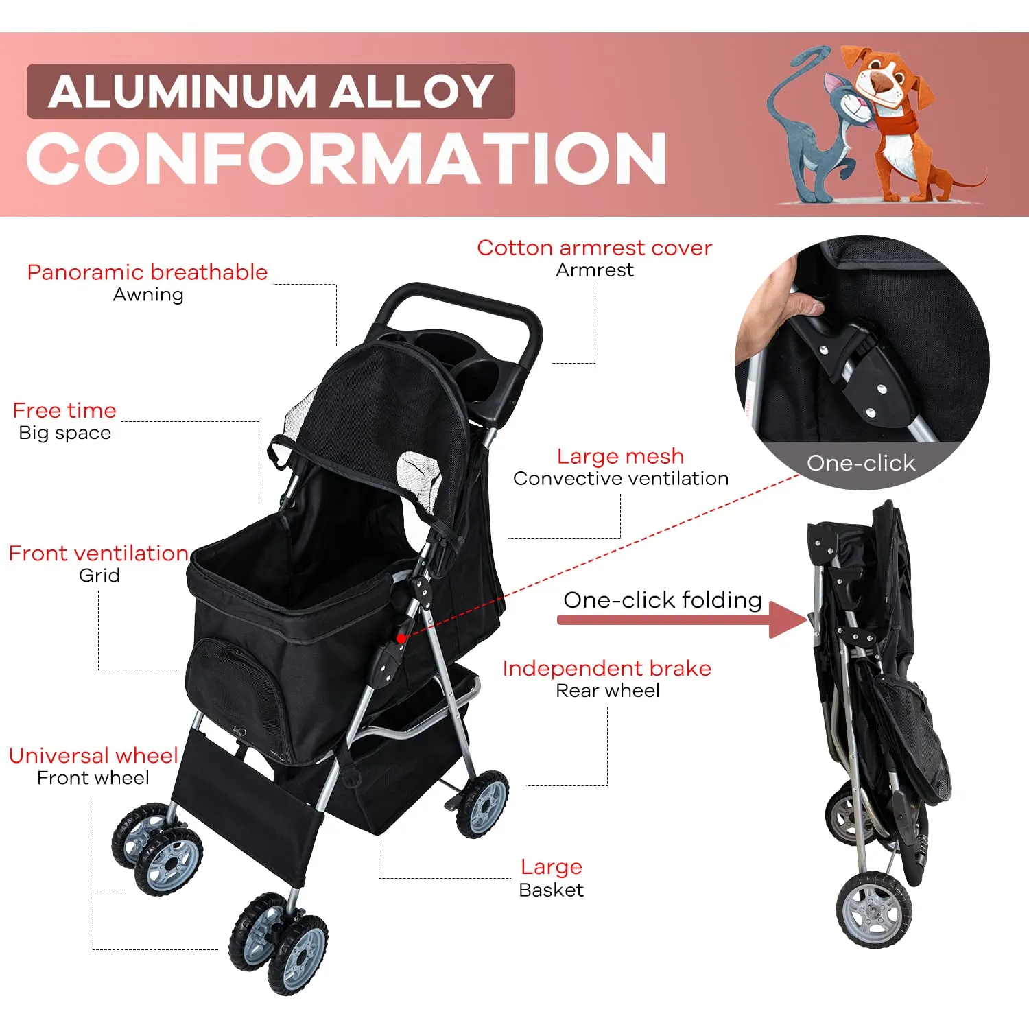 Dog Stroller, pet Stroller 4 Wheels Carrier Strolling Cart Waterproof Travel Folding Cart for Puppy Small-Medium Dog, Cat with Cup Holder, Locking Wheel Black