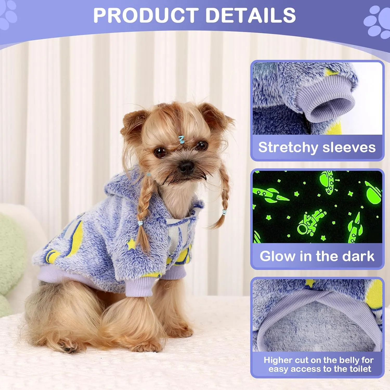 Dog Sweater, Glow in The Dark Dog Hoodie, Soft Flannel Pet Clothes for Boy Girl, Winter Warm Puppy Sweater for Chihuahua Yorkie Cat (Blue Universe,M)