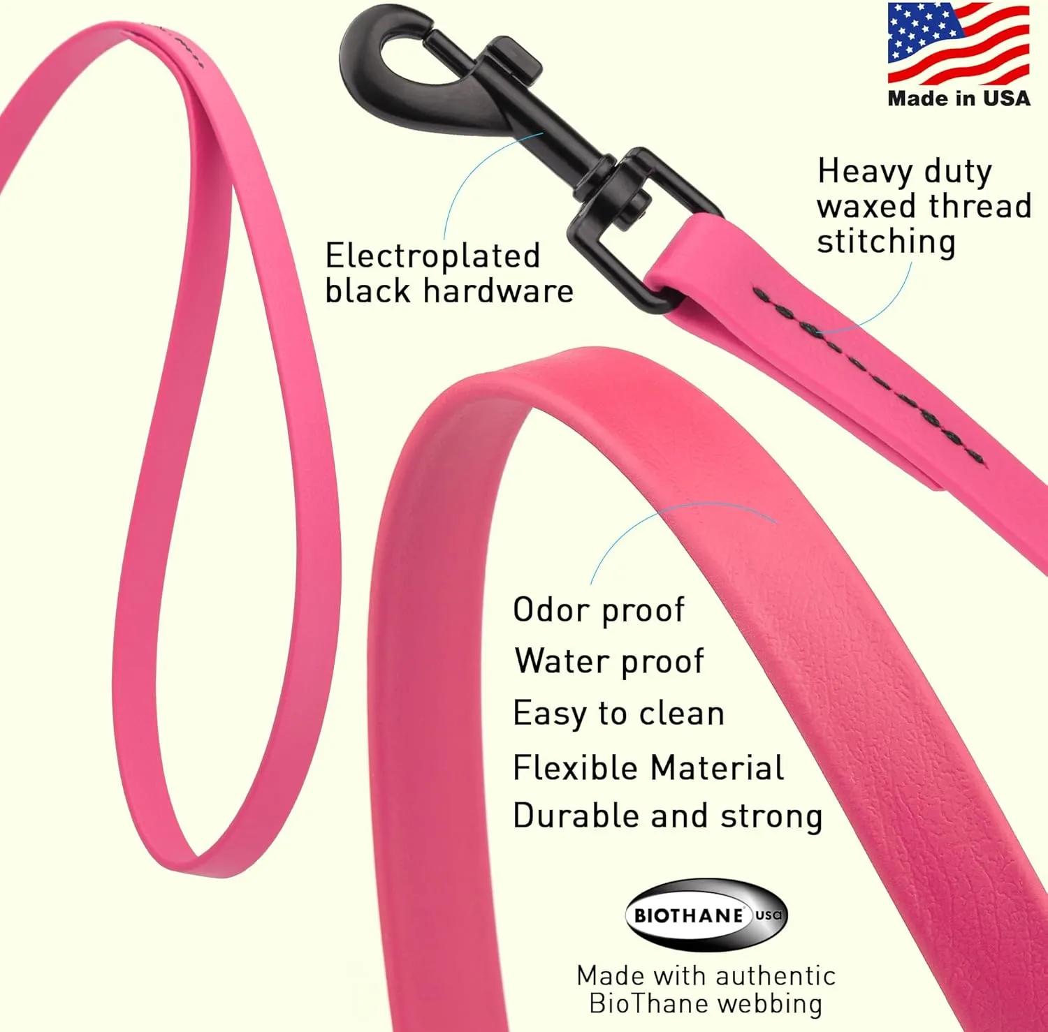 Dogline Biothane Waterproof Dog Leash Strong Coated Nylon Webbing with Black Hardware Odor-Proof Easy to Clean High Performance for Small or Large Dogs Made in USA 4 or 6 ft Lead, Passionfruit Pink