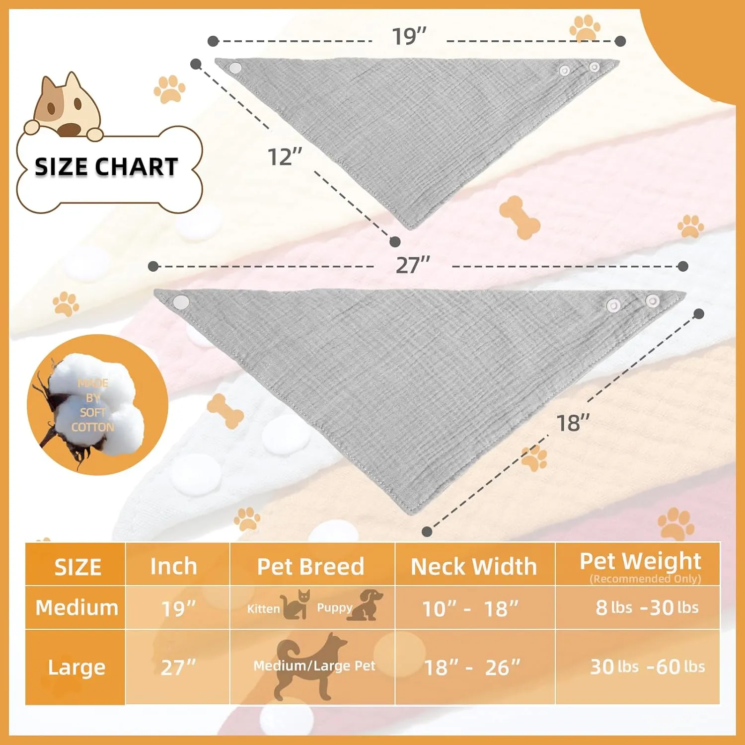 Dog's Bandanas Solid Color Cotton Pet Scarf with Adustable Button,Dark Gray,Large