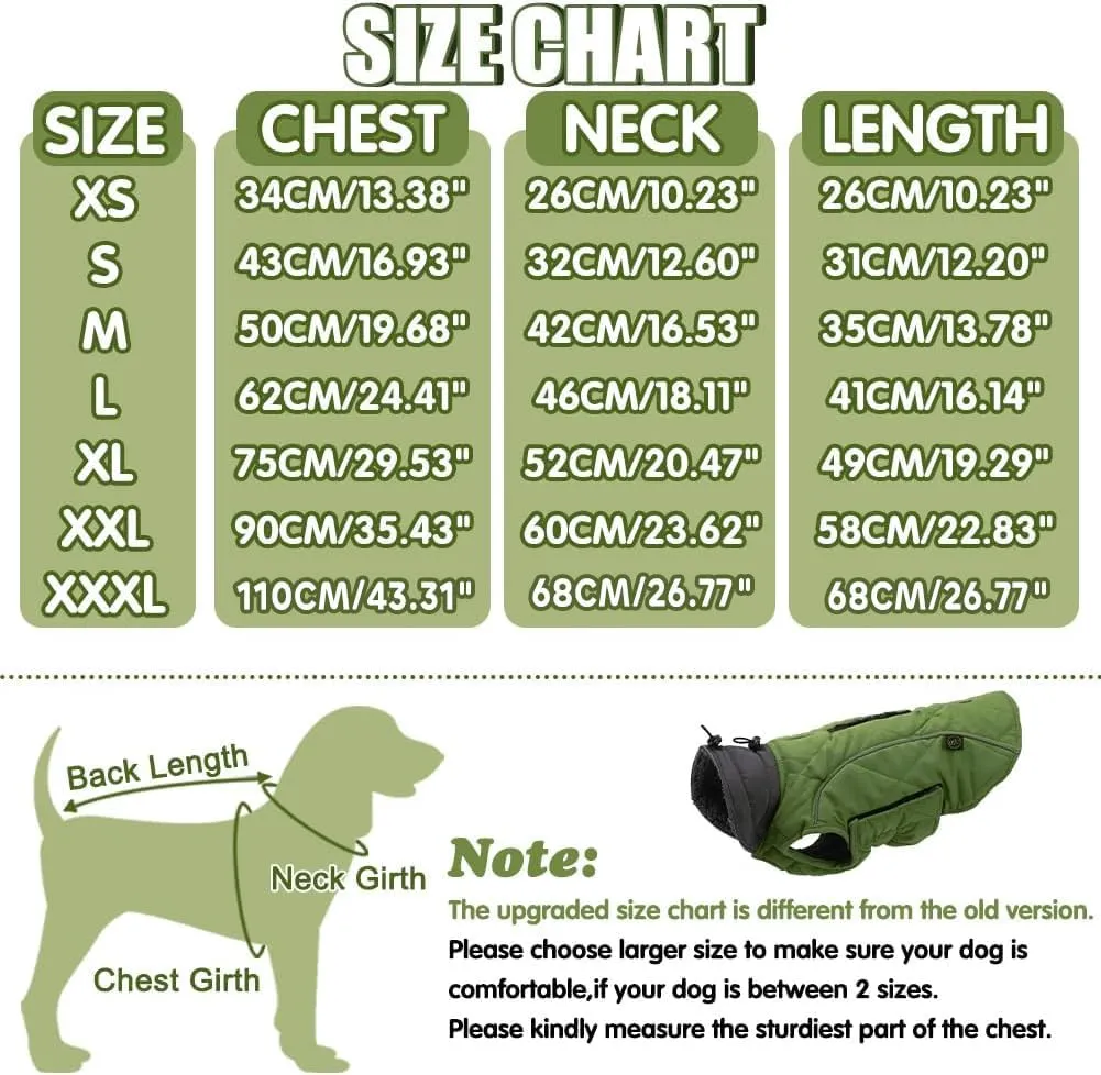 EMUST Dog Vests for Winter, Fleece Lined Dog Coat for Cold Weather Warm Dog Jackets for Small Medium Large Dogs, Pet Dogs Apparel for Cold Weather, Green, XXXL
