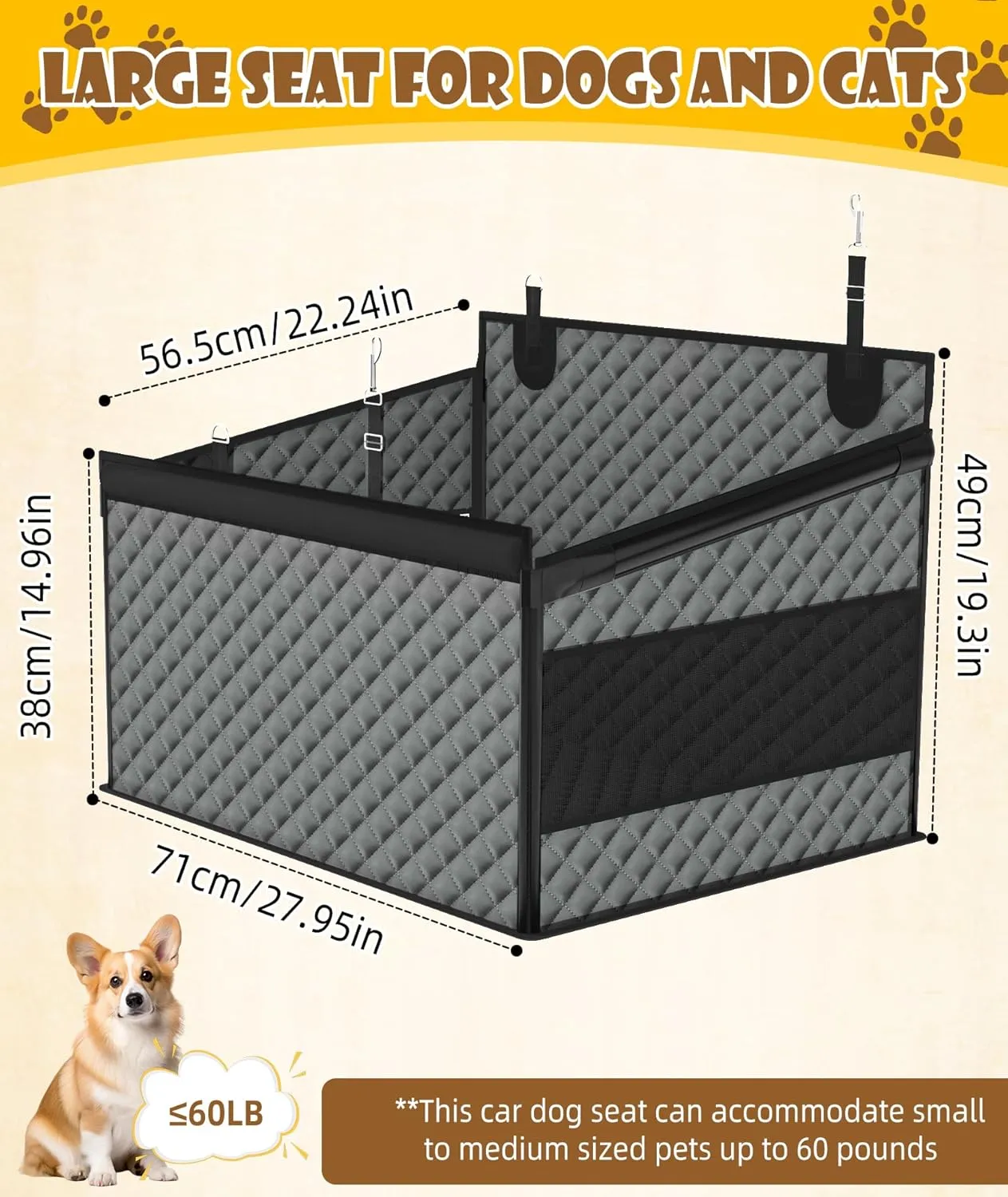 EPN Dog Car Seat for Large Dogs, Foldable Pet Car Seat with Waterproof Oxford Fabric, Non-Slip Bottom, Reinforced Support & Storage Pockets (Grey, Large)