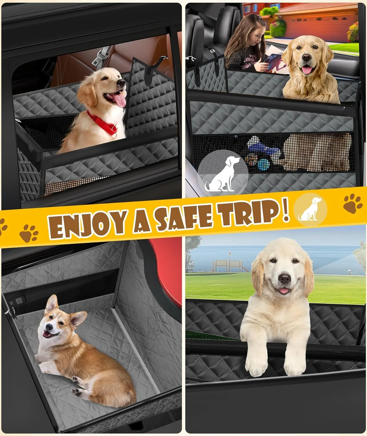 EPN Dog Car Seat for Large Dogs, Foldable Pet Car Seat with Waterproof Oxford Fabric, Non-Slip Bottom, Reinforced Support & Storage Pockets (Grey, Large)