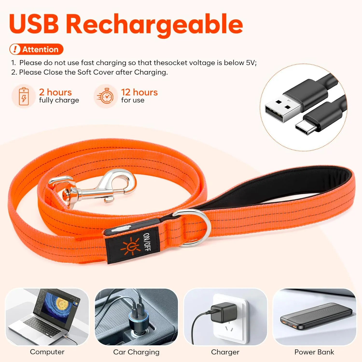 LED Dog Leash, 4 Ft Light Up, USB Rechargeable, Waterproof, Nylon Reflective with Padded Handle, Safety Glow in The Dark for Large, Medium, Small Pets (Orange)