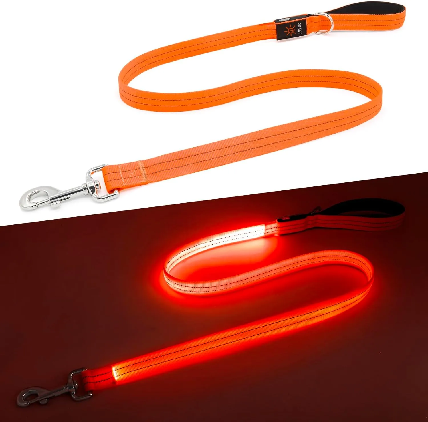 LED Dog Leash, 4 Ft Light Up, USB Rechargeable, Waterproof, Nylon Reflective with Padded Handle, Safety Glow in The Dark for Large, Medium, Small Pets (Orange)