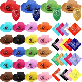 Leumoi 48 Pcs Cowboy Hats with Bandanas Straw Western Party Hats Bulk Multicolor Cowgirl Cowboy Party Pack for Cosplay Western Themed Decor