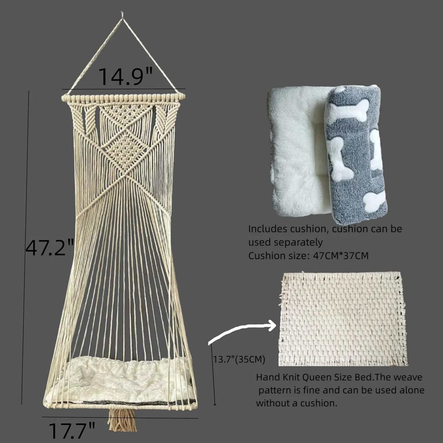 Macrame Hanging Cat Hammock Bed Cat Swing House Space Saving Window Perch with Washed Cotton Cats Toy Tassel Basket Tapestry (Beige, Swing Bed Cushion, L)