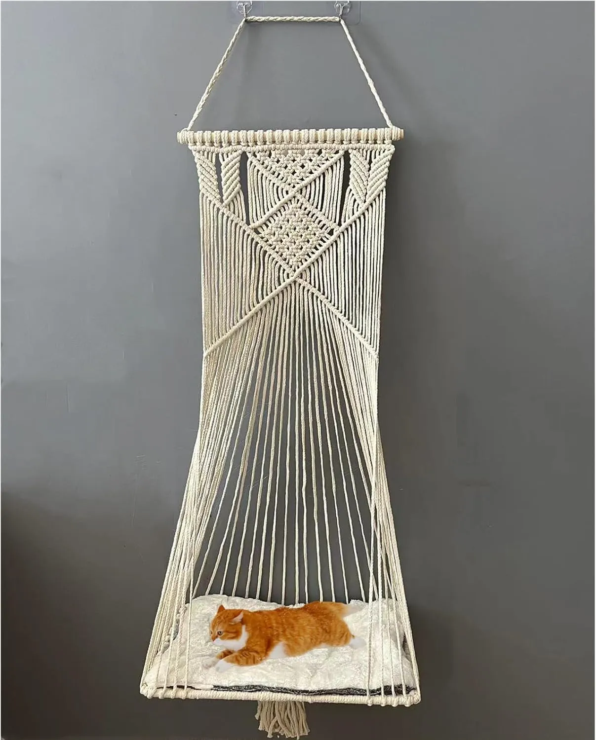 Macrame Hanging Cat Hammock Bed Cat Swing House Space Saving Window Perch with Washed Cotton Cats Toy Tassel Basket Tapestry (Beige, Swing Bed Cushion, L)