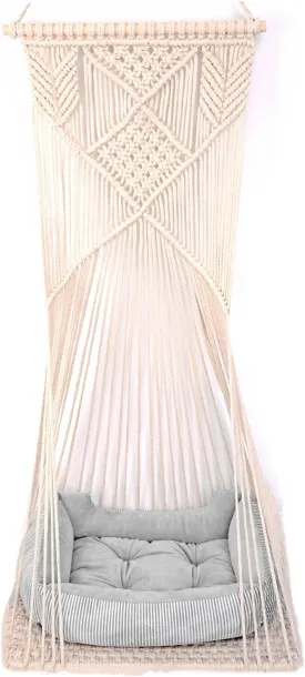Macrame Hanging Cat Hammock Bed Cat Swing House Space Saving Window Perch with Washed Cotton Cats Toy Tassel Basket Tapestry (Beige, Swing Bed Cushion, L)