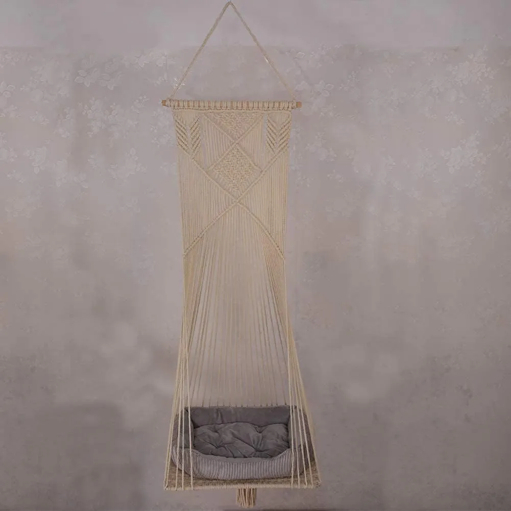 Macrame Hanging Cat Hammock Bed Cat Swing House Space Saving Window Perch with Washed Cotton Cats Toy Tassel Basket Tapestry (Beige, Swing Bed Cushion, L)