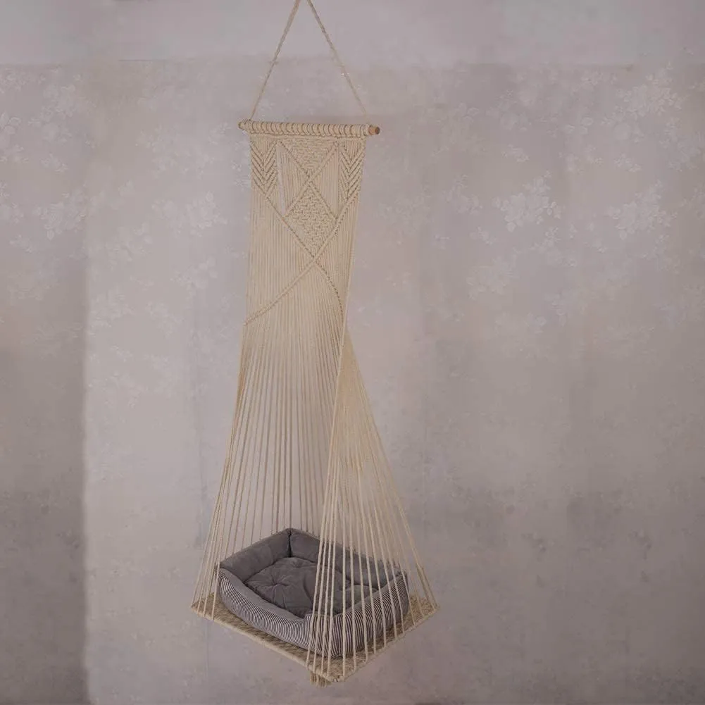 Macrame Hanging Cat Hammock Bed Cat Swing House Space Saving Window Perch with Washed Cotton Cats Toy Tassel Basket Tapestry (Beige, Swing Bed Cushion, L)