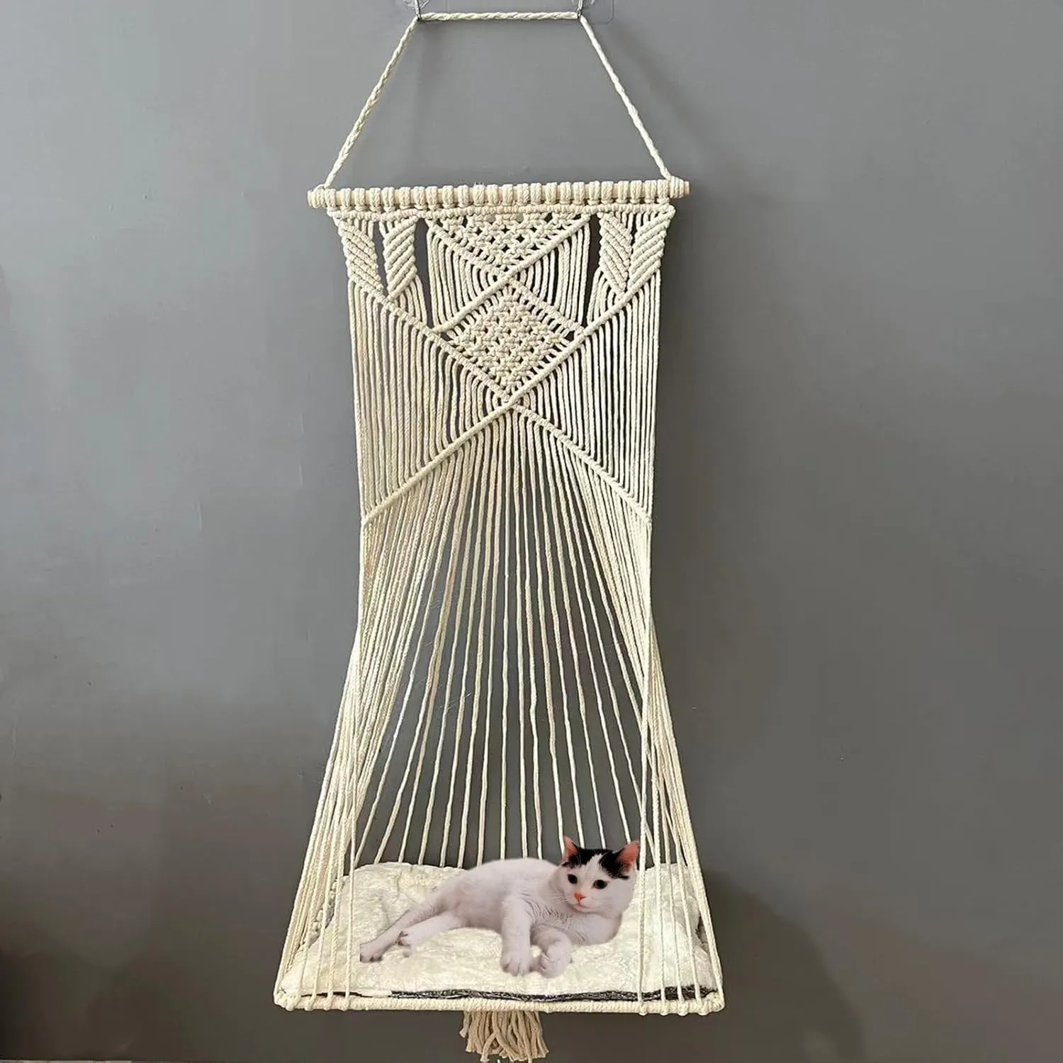Macrame Hanging Cat Hammock Bed Cat Swing House Space Saving Window Perch with Washed Cotton Cats Toy Tassel Basket Tapestry (Beige, Swing Bed Cushion, L)