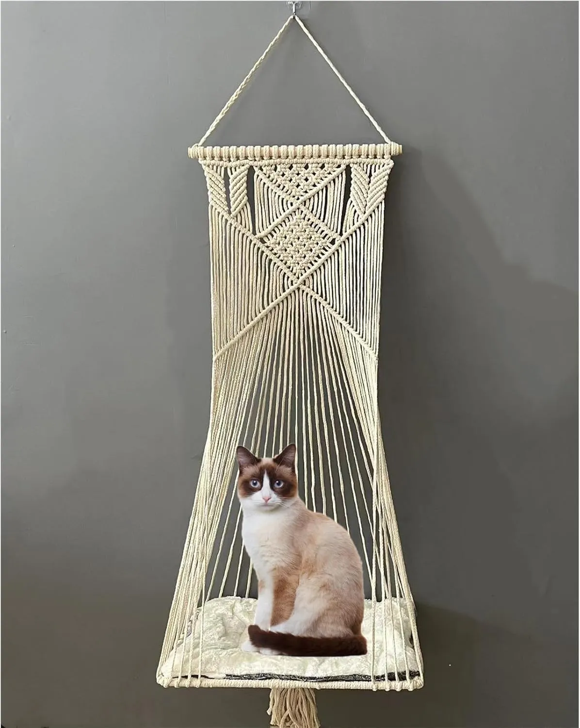 Macrame Hanging Cat Hammock Bed Cat Swing House Space Saving Window Perch with Washed Cotton Cats Toy Tassel Basket Tapestry (Beige, Swing Bed Cushion, L)
