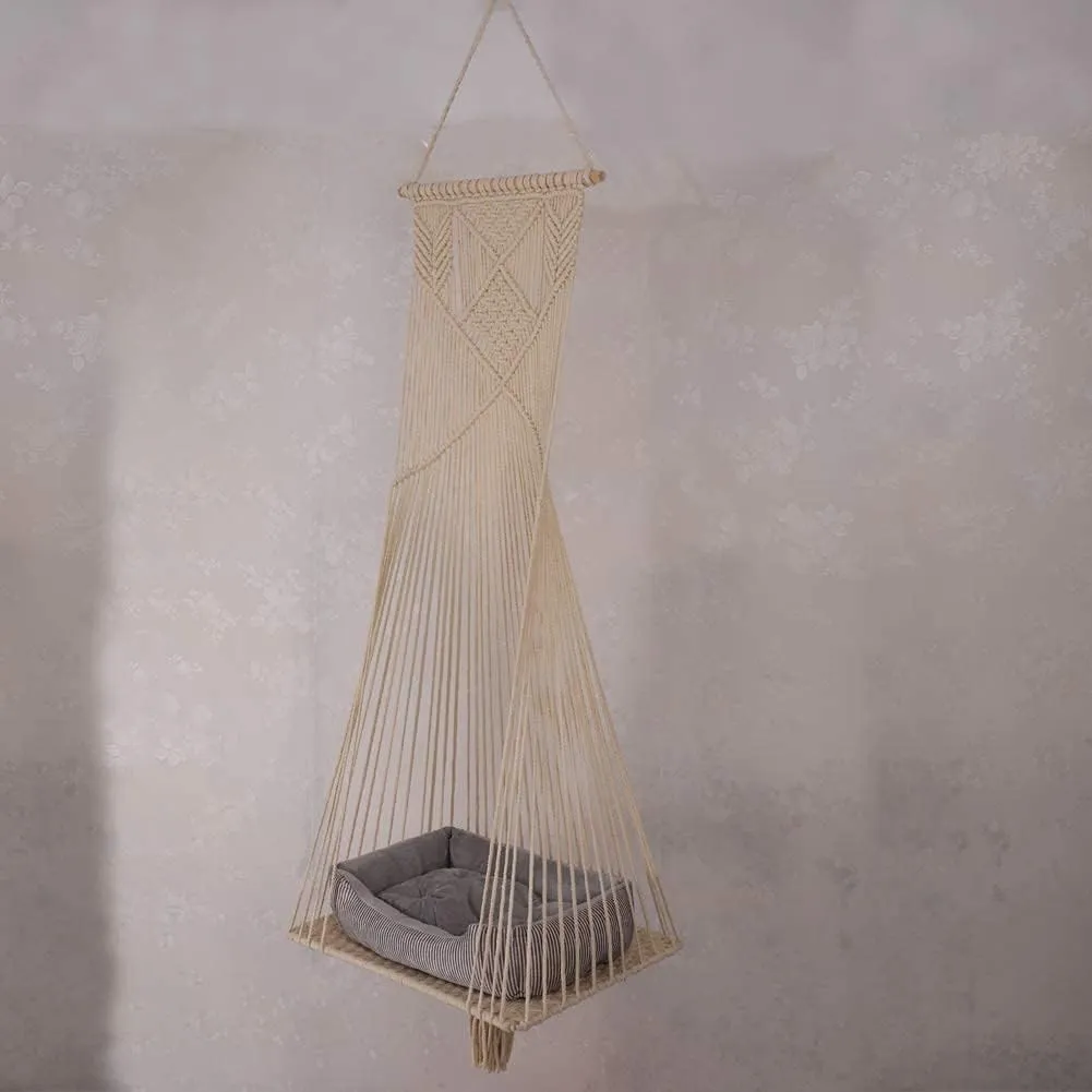 Macrame Hanging Cat Hammock Bed Cat Swing House Space Saving Window Perch with Washed Cotton Cats Toy Tassel Basket Tapestry (Beige, Swing Bed Cushion, L)