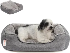 Miguel Faux Linen Dog Bed with Removable Cushion Pillow for Medium Small Dogs, Washable Pet Bed with Side Easy to Wash Puppy Bed, Rectangle Cat Bed for Indoor Cat with Anti-Slip Bottom, Gray 25 Inch