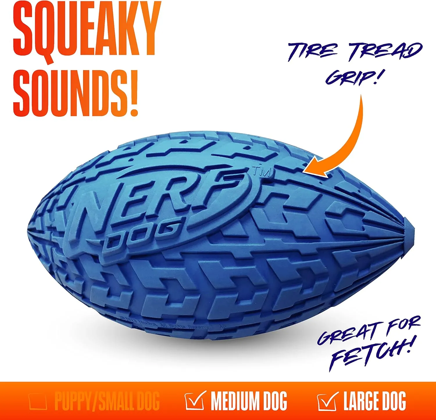 Nerf Dog Tire Squeak Football Outdoor Dog Toy, 6 Inch Dog Football Squeaking Toy for Medium and Large Breeds, Blue