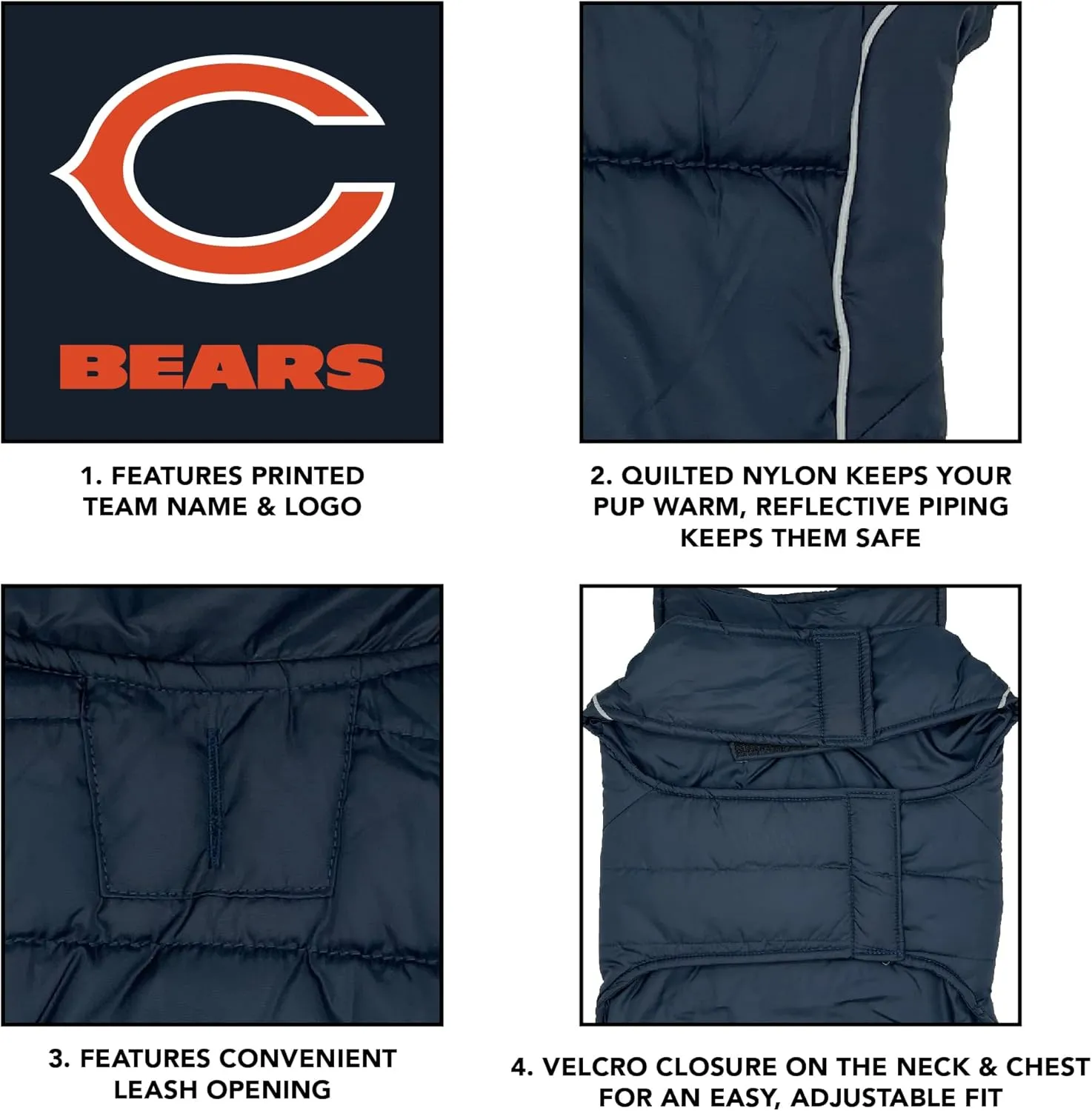 NFL Chicago Bears Puffer Vest for Dogs & Cats, Size Large. Warm, Cozy, and Waterproof Dog Coat, for Small and Large Dogs/Cats. Best NFL Licensed PET Warming Sports Jacket