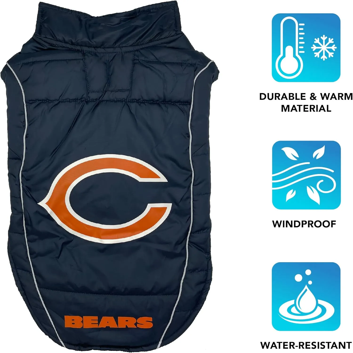 NFL Chicago Bears Puffer Vest for Dogs & Cats, Size Large. Warm, Cozy, and Waterproof Dog Coat, for Small and Large Dogs/Cats. Best NFL Licensed PET Warming Sports Jacket
