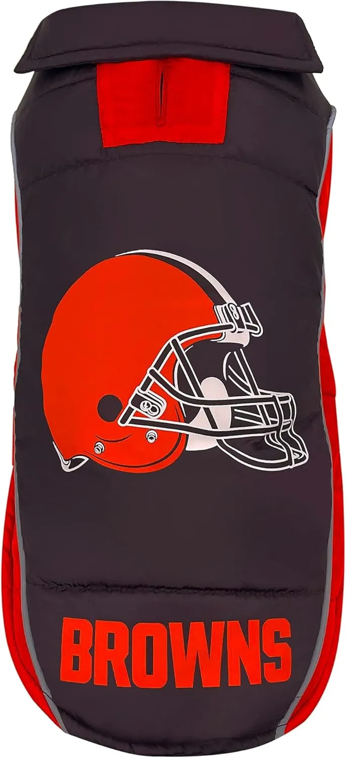 NFL Cleveland Browns Puffer Vest for Dogs & Cats, Size Large. Warm, Cozy, and Waterproof Dog Coat, for Small and Large Dogs/Cats. Best NFL Licensed PET Warming Sports Jacket