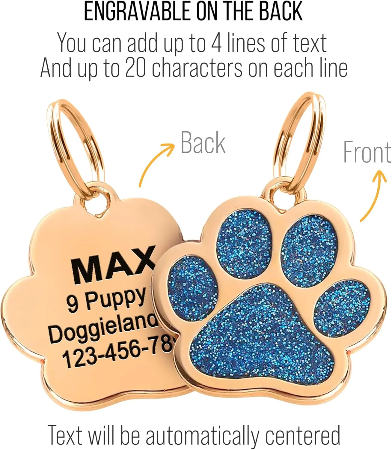 Paw Shape Dog ID Tag Stainless Steel Custom Laser Engraved, Cute Bling Glitter Pet Name Tags Personalized with Durable Engraving (Gold Sparkly Paw)