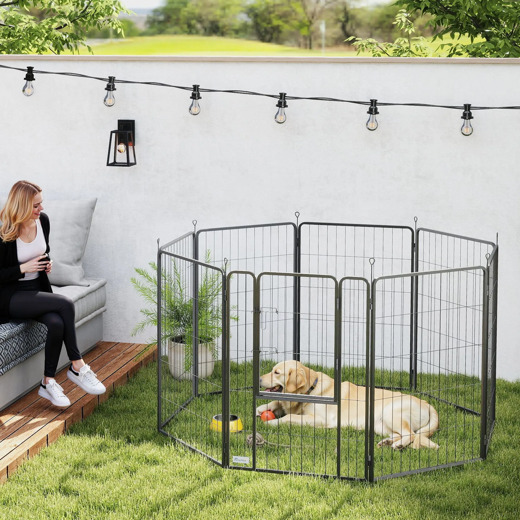 PawHut 8 Panels Heavy Duty Dog Playpen with Door Indoor Outdoor, for Large Dogs, 100cm High