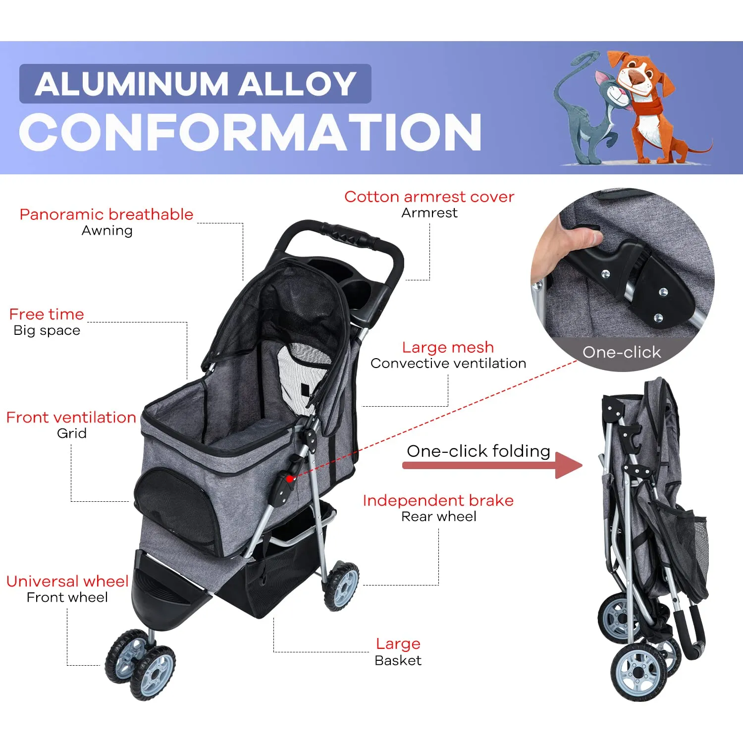 Pet Stroller, Dog Stroller Wheels Carrier Strolling Cart Waterproof Travel Folding Cart for Puppy Small-Medium Dog, Cat with Cup Holder, Locking Wheel (Grey)