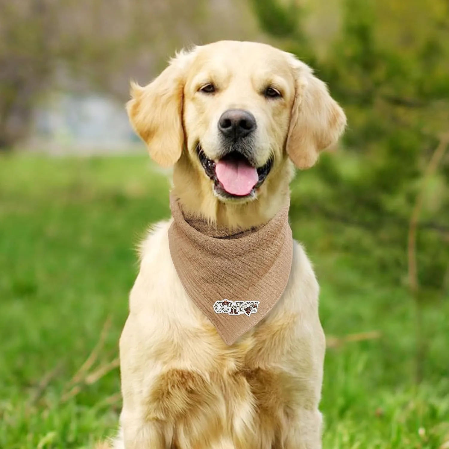Pet's Bandanas for Large Dog Solid Color Letter Embroidered Dog Scarf with Adjustable Button, Coffee, Large