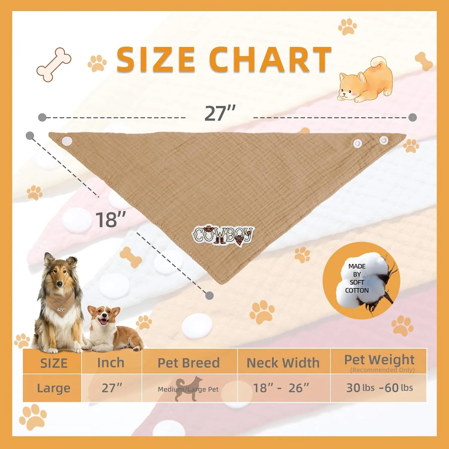 Pet's Bandanas for Large Dog Solid Color Letter Embroidered Dog Scarf with Adjustable Button, Coffee, Large
