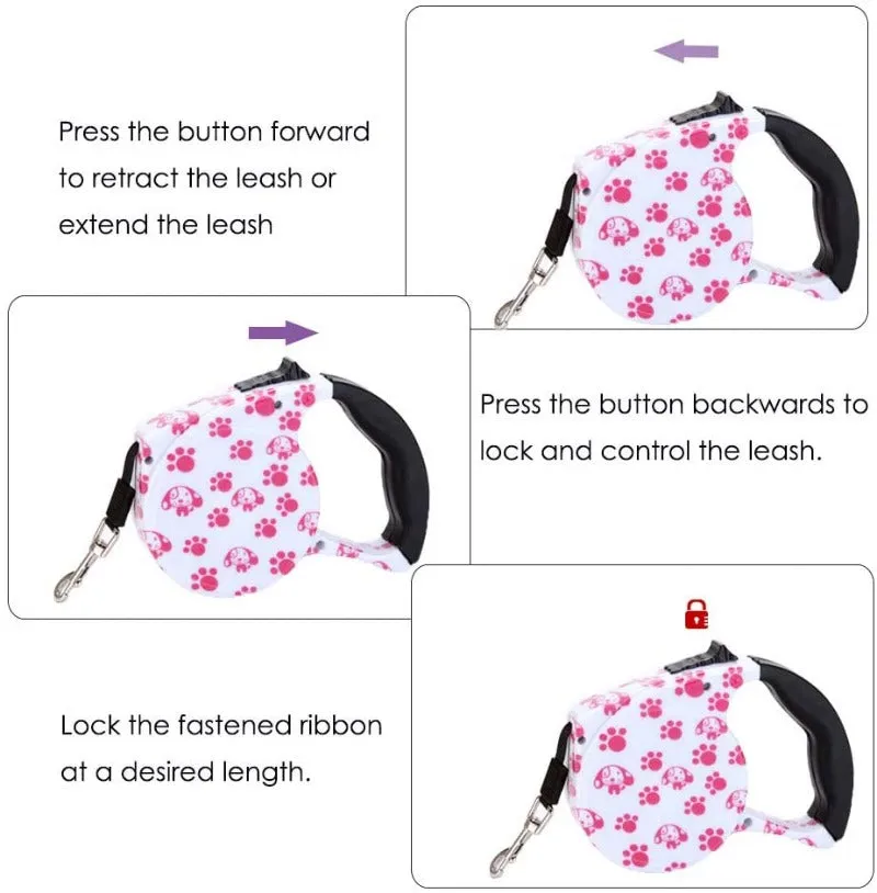 Pink Paws Retractable Dog Leash