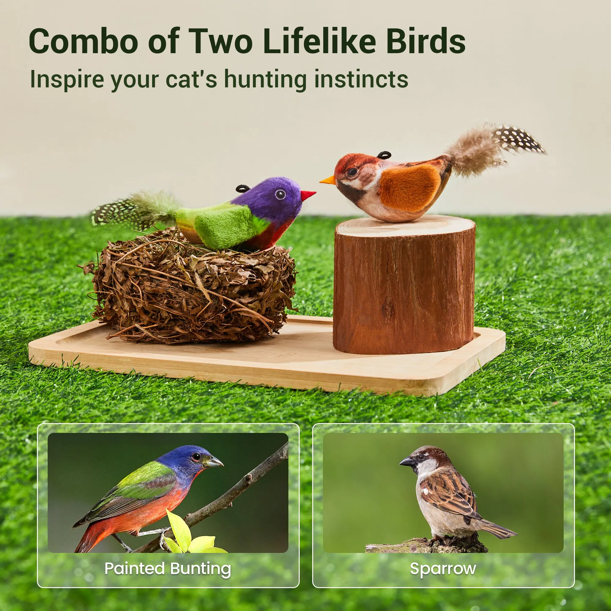 Potaroma Chirping Birds Cat Toys 2 Pcs: Painted Bunting & Sparrow