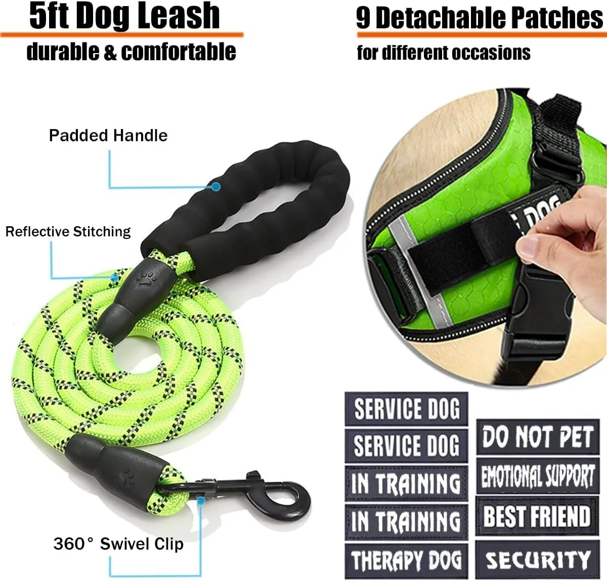 Service Dog Vest, 9 Dog Patches No Pull Dog Harness and Leash Set with Handle,Easy On and Off Pet Vest Harness with Night Safe Reflective Straps for Small Medium Large Breed Dogs