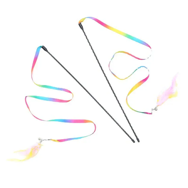 Simulation Feather Interactive Cat Toy – Satin Ribbon Bell Cat Stick Teaser Wand Toy for Kittens