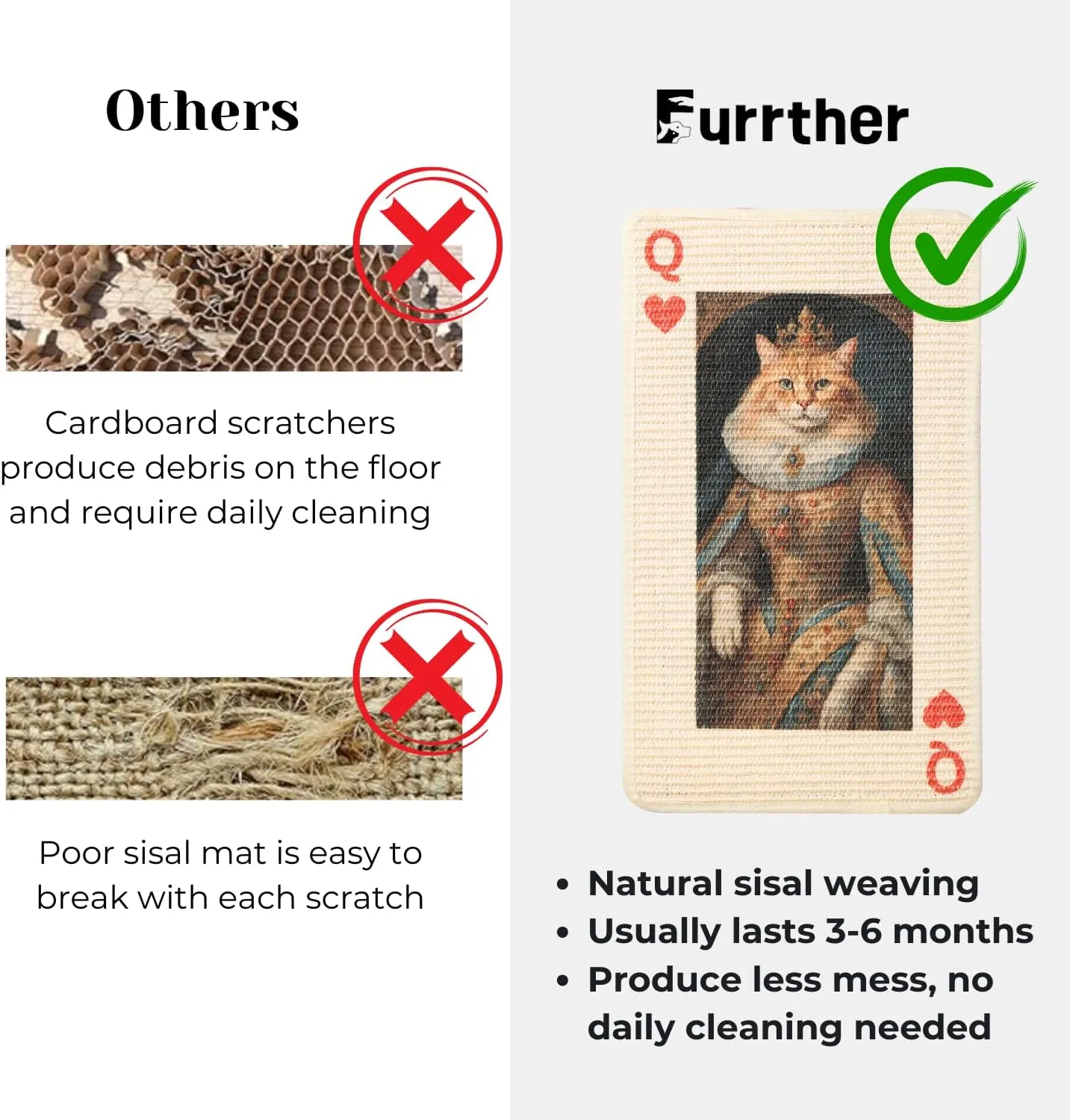 Sisal Cat Scratcher Post Mat (Use on Wall, Couch and Carpet), Shedding-Resistant Scratching Surface - 21.7x13 with Hoop and Loop Adhesives, Pads and Twist Pins (Queen Cat)