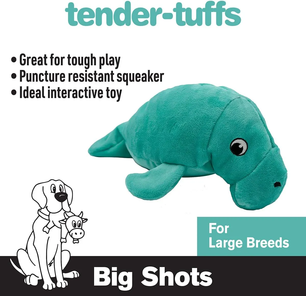SmartPetLove Snuggle Puppy Tender-Tuffs - Large Marine Stuffed Manatee Plush Toy for Big Dogs - Puncture Resistant Squeaker