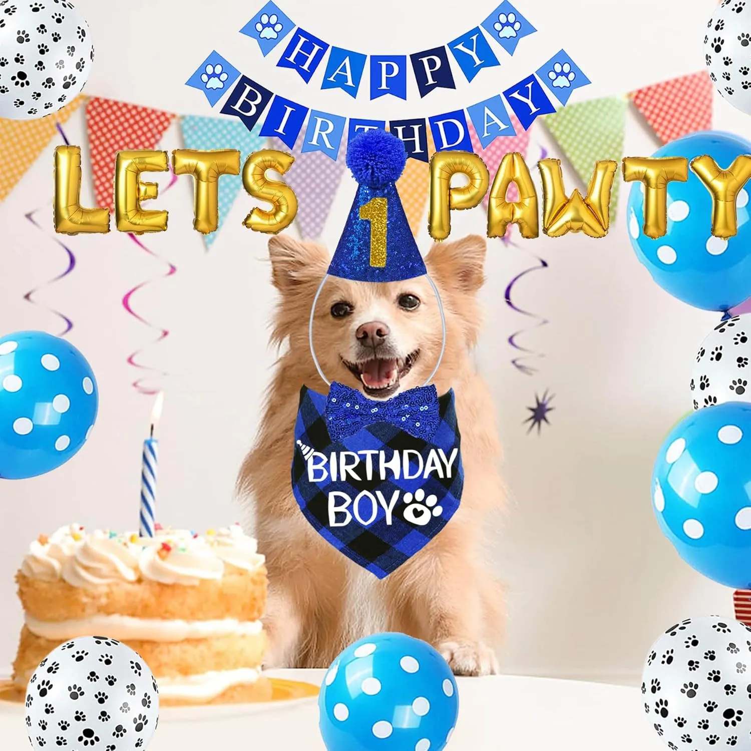 STMK Dog Birthday Decorations, Multi Sizes Dog Birthday Hat with Numbers Bandana Bow Tie Banner Lets PAWTY Balloons for Small Medium Dogs Pets (Small, Blue)
