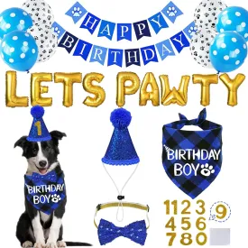 STMK Dog Birthday Decorations, Multi Sizes Dog Birthday Hat with Numbers Bandana Bow Tie Banner Lets PAWTY Balloons for Small Medium Dogs Pets (Small, Blue)