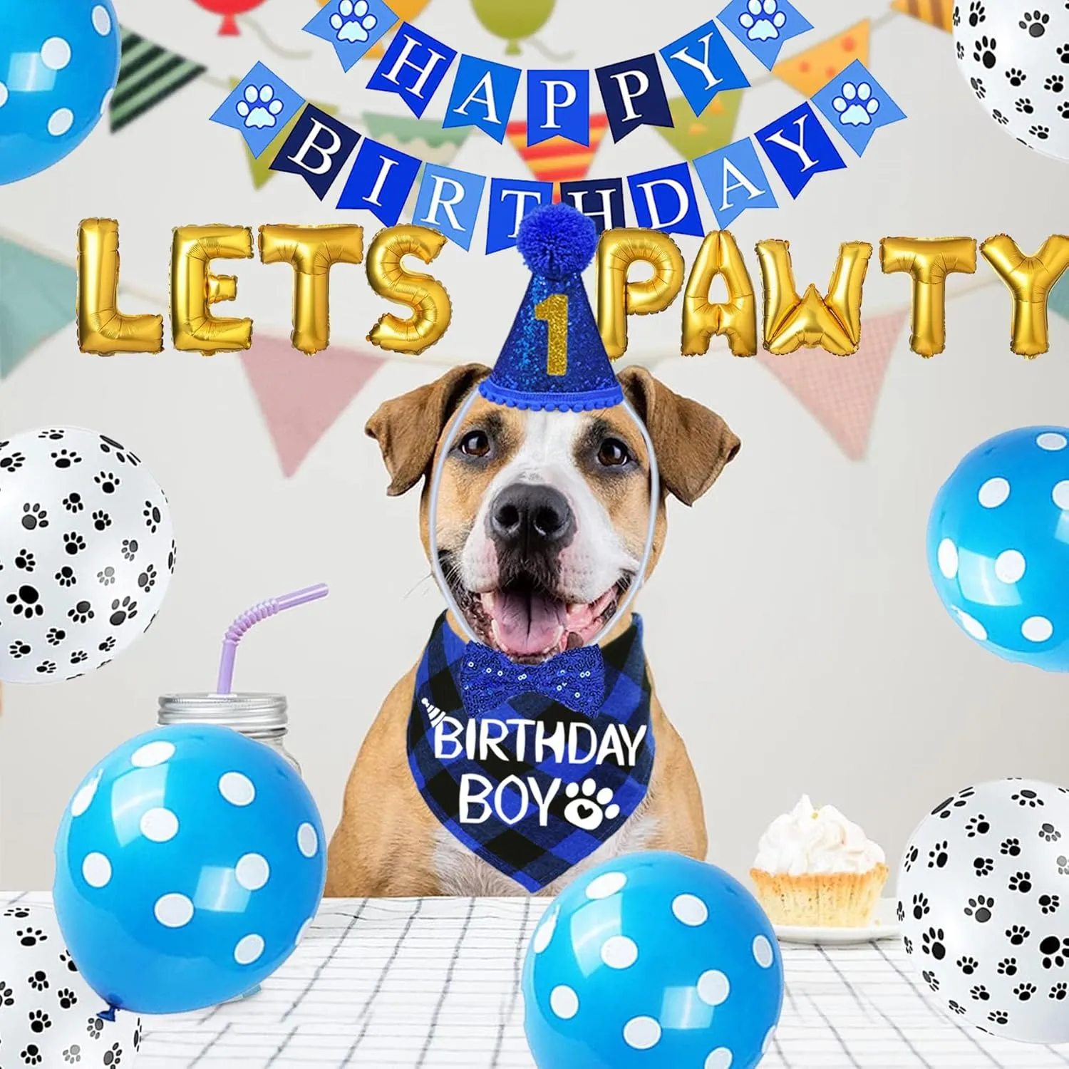 STMK Dog Birthday Decorations, Multi Sizes Dog Birthday Hat with Numbers Bandana Bow Tie Banner Lets PAWTY Balloons for Small Medium Dogs Pets (Small, Blue)