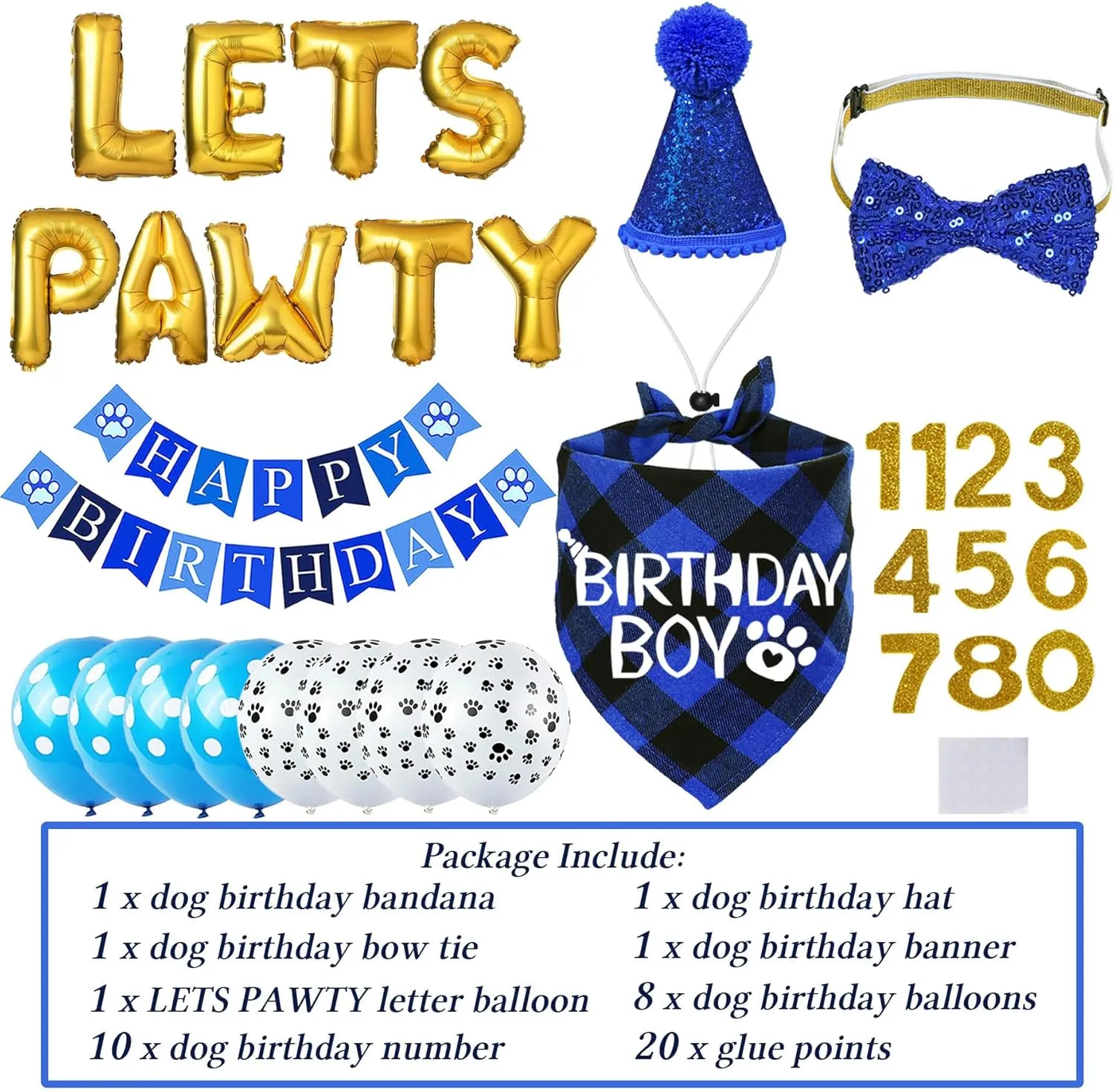 STMK Dog Birthday Decorations, Multi Sizes Dog Birthday Hat with Numbers Bandana Bow Tie Banner Lets PAWTY Balloons for Small Medium Dogs Pets (Small, Blue)