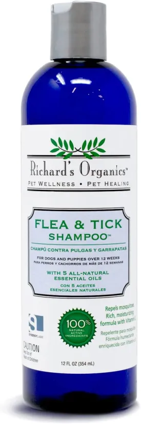 Synergy Labs Richard’s Organics Flea & Tick Shampoo with 5 All Natural Essential Oils Over 6 Weeks for Dog, 12 Oz