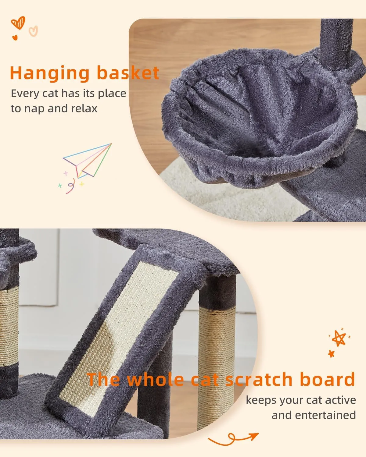 Taoqimiao Cat Tree,38.5-Inch Cat Tower for Indoor Cats,Suitable for Kittens with Luxurious cat condo with Adjustable Baskets and Luxurious Perch MS029SG Smoky Gray