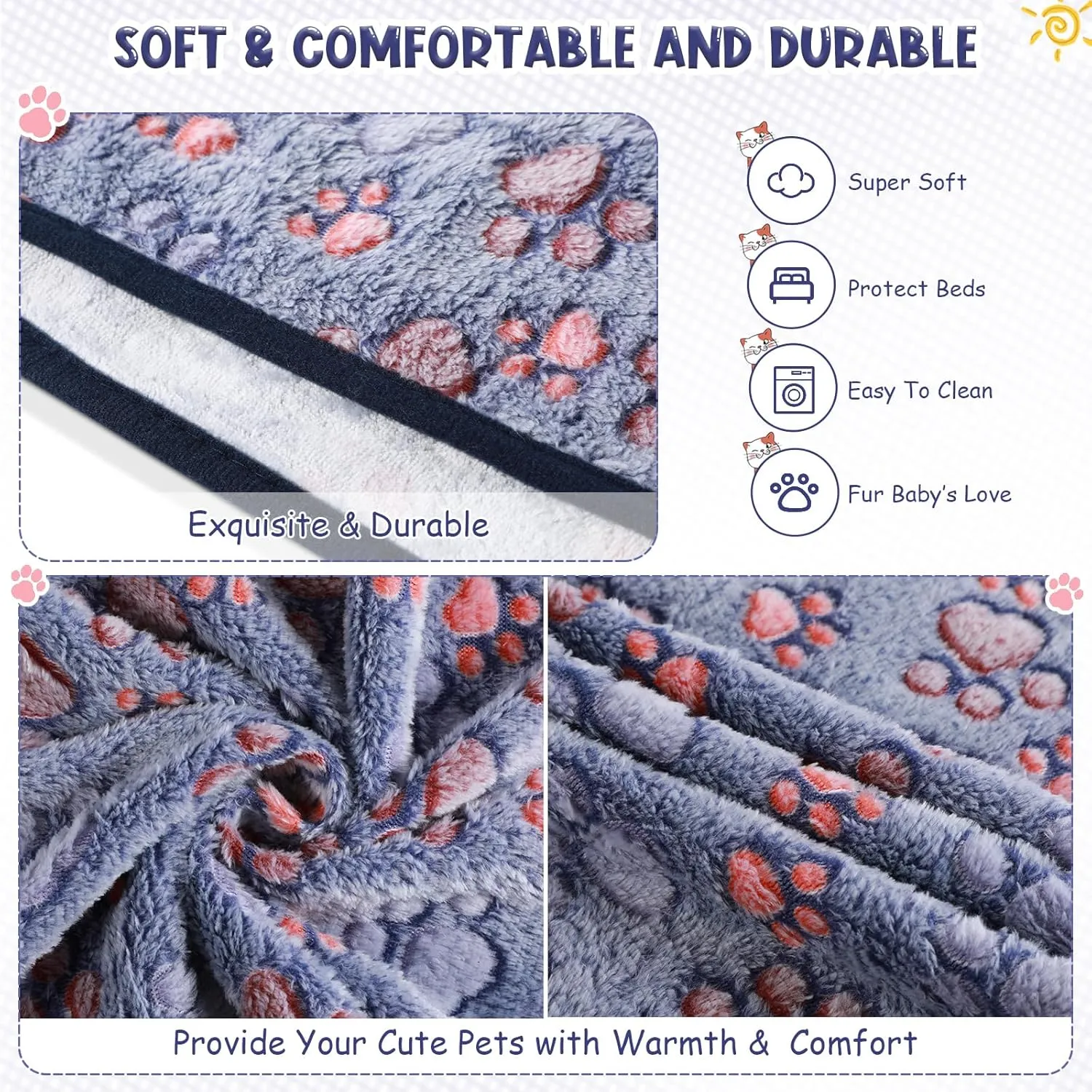 Tatuo 4 Pcs Dog Blanket for Pet Puppy Teething Toys Paw Print Fleece Blanket for Pet Cat Soft Warm Sleep Mat Guinea Pig Cage Mat(Small(24 x 16 Inch),Blue)