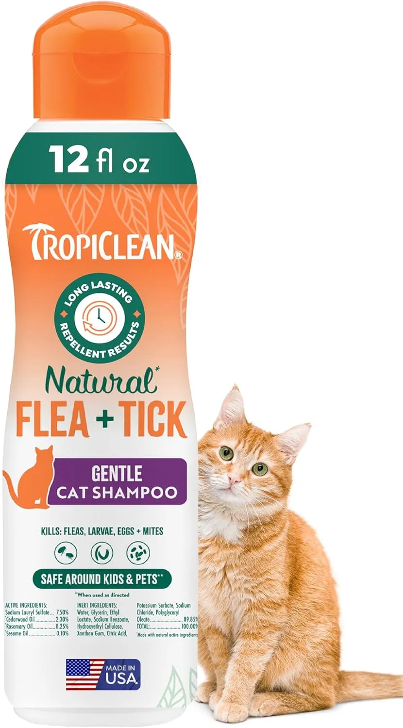 TropiClean Gentle Flea Shampoo for Cats, Flea and Tick Prevention for Cats, Powerful & Natural Defense, Made in USA, 12 oz.