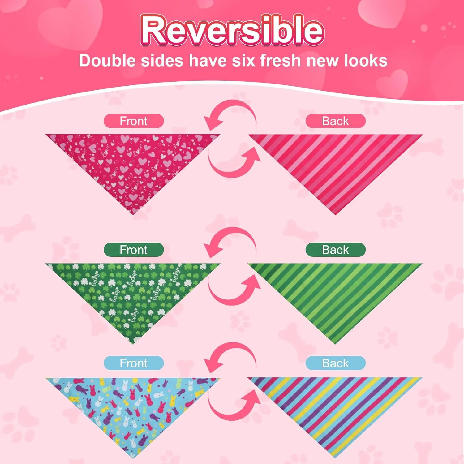 Valentines Dog Bandana St Patricks Day and Easter Dog Bandana Large 3PCS, Colorful Scarf for Boy and Girl, Triangle Reversible Bibs.