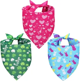 Valentines Dog Bandana St Patricks Day and Easter Dog Bandana Large 3PCS, Colorful Scarf for Boy and Girl, Triangle Reversible Bibs.