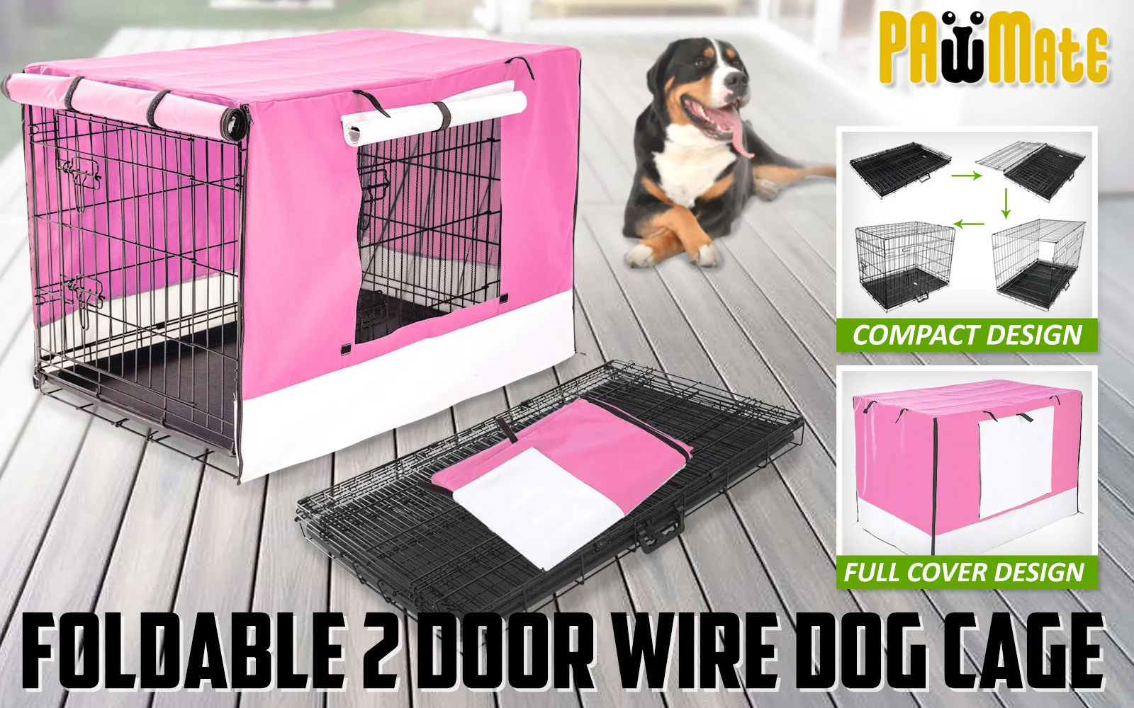 Wire Dog Cage Foldable Crate Kennel 30in with Tray   Pink Cover Combo