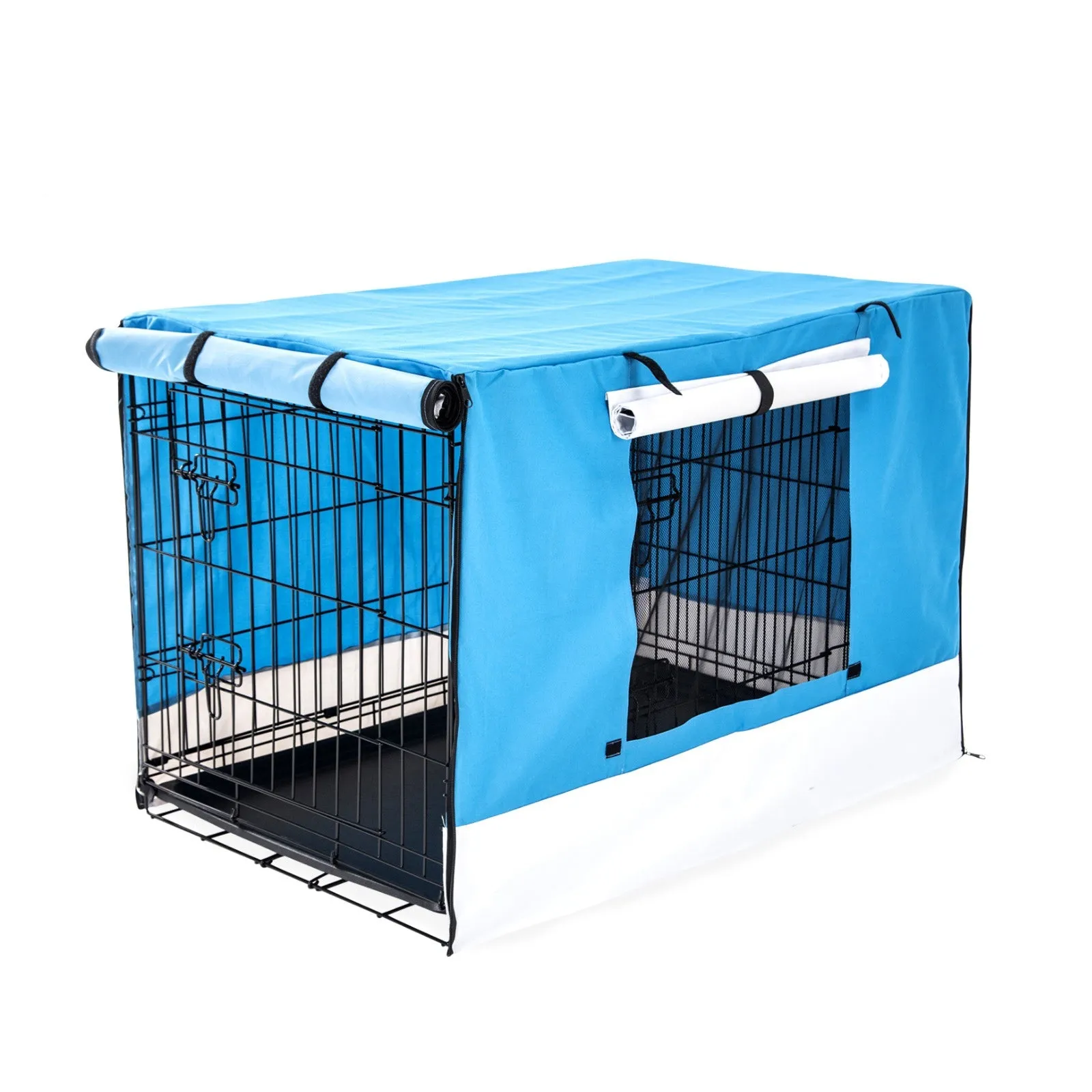 Wire Dog Cage Foldable Crate Kennel 36in with Tray   Blue Cover Combo