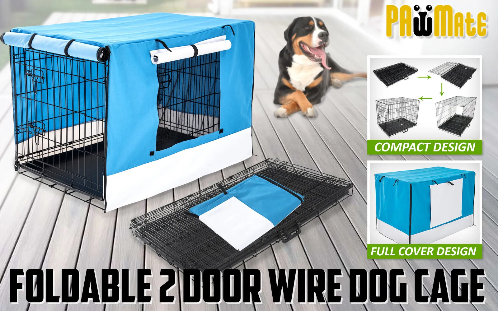 Wire Dog Cage Foldable Crate Kennel 42in with Tray   Blue Cover Combo